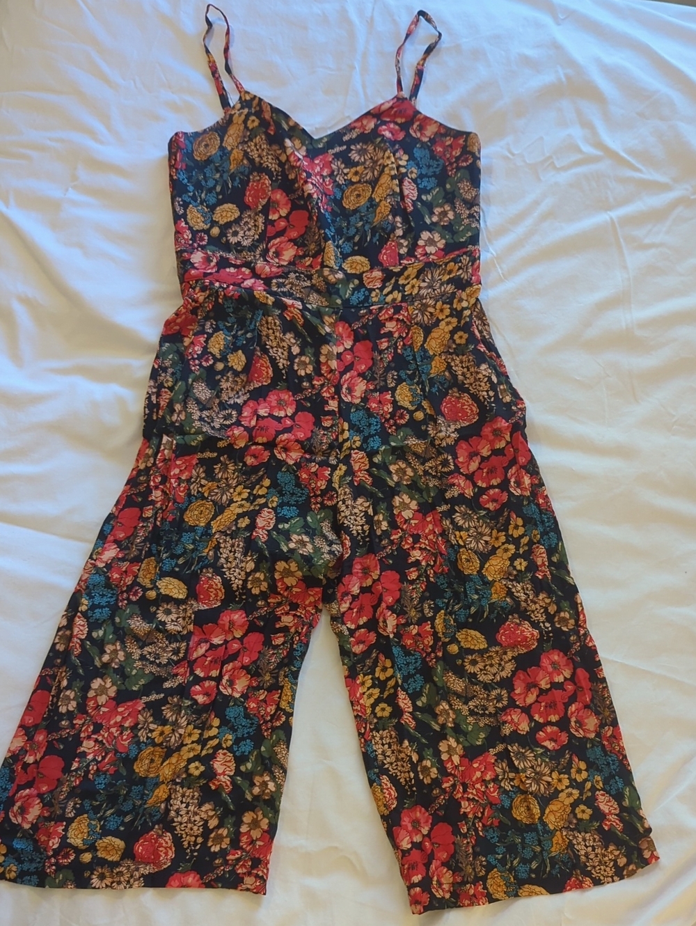 Floral Spaghetti-Strap Jumpsuit in Black with Multicolor Print